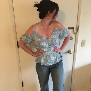Blue Floral Peplum Cold Shoulder Tank